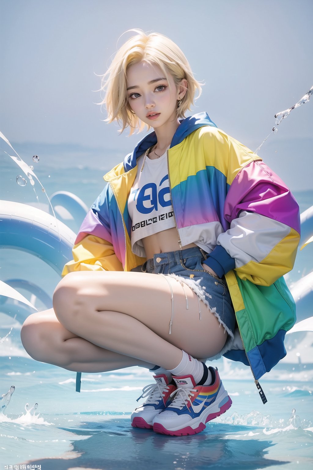 korea girl 22 year old, blond sleek pixie shorts hair style, wearing oversize rainbow jacket bomber m1, shorts bluejeans, white sneaker, splash color