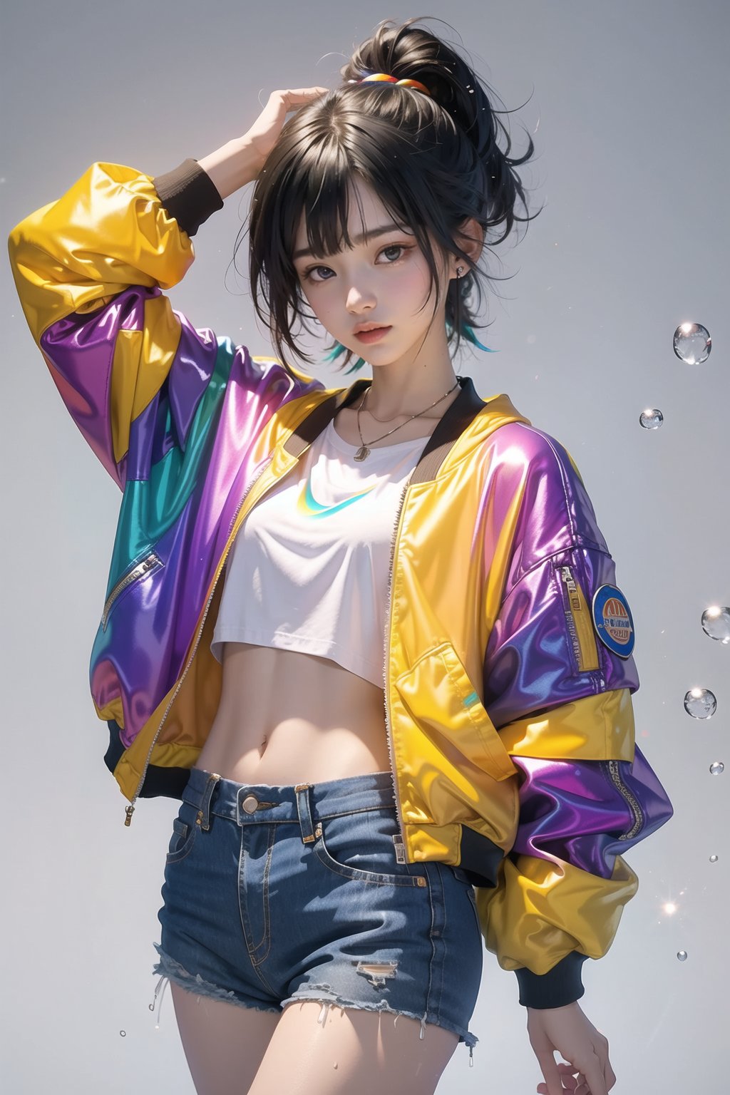 korea girl 22 year old, tangaline light sleek pixie shorts hair style, wearing rainbow jacket bomber m1, shorts bluejeans, white sneaker, splash drop color