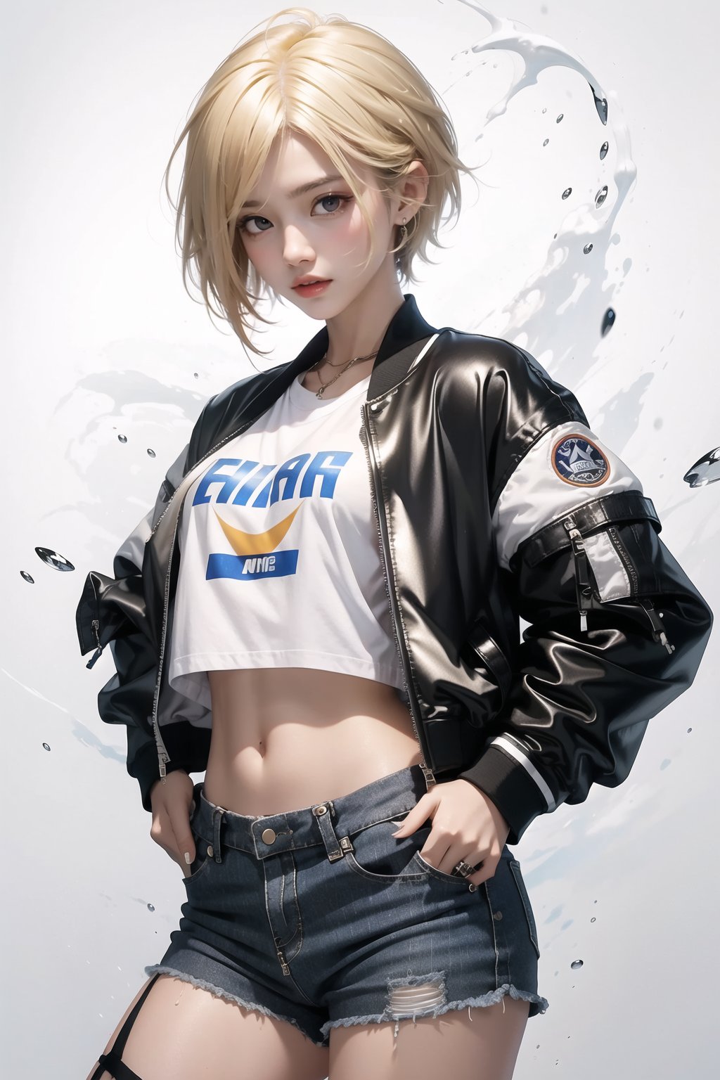 korea girl 22 year old, blond light sleek pixie shorts hair style, wearing  black jacket bomber m1, shorts bluejeans, white sneaker, splash color