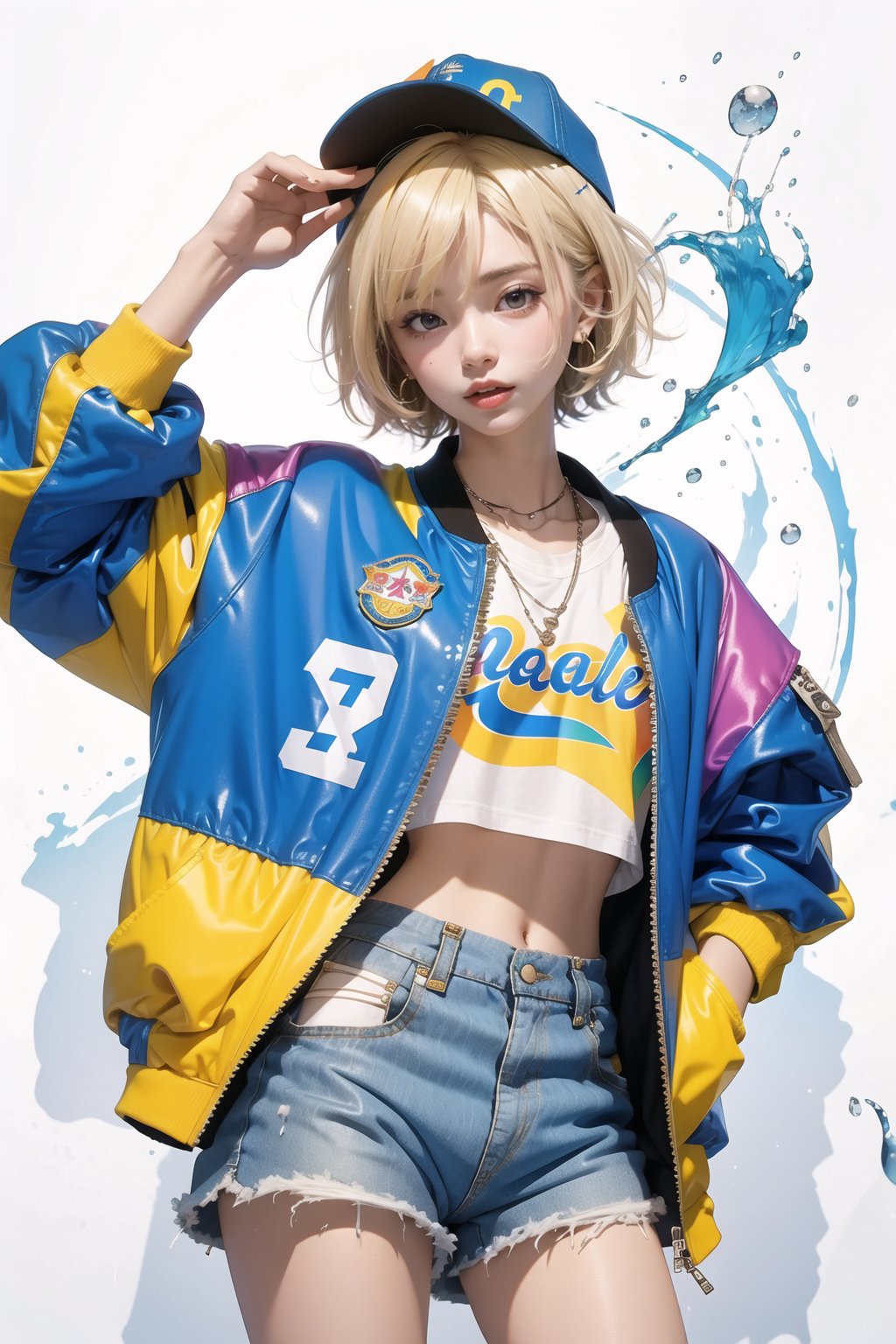 korea girl 22 year old, blond sleek pixie shorts hair style, wearing oversize rainbow jacket bomber m1, shorts bluejeans, white sneaker, splash color