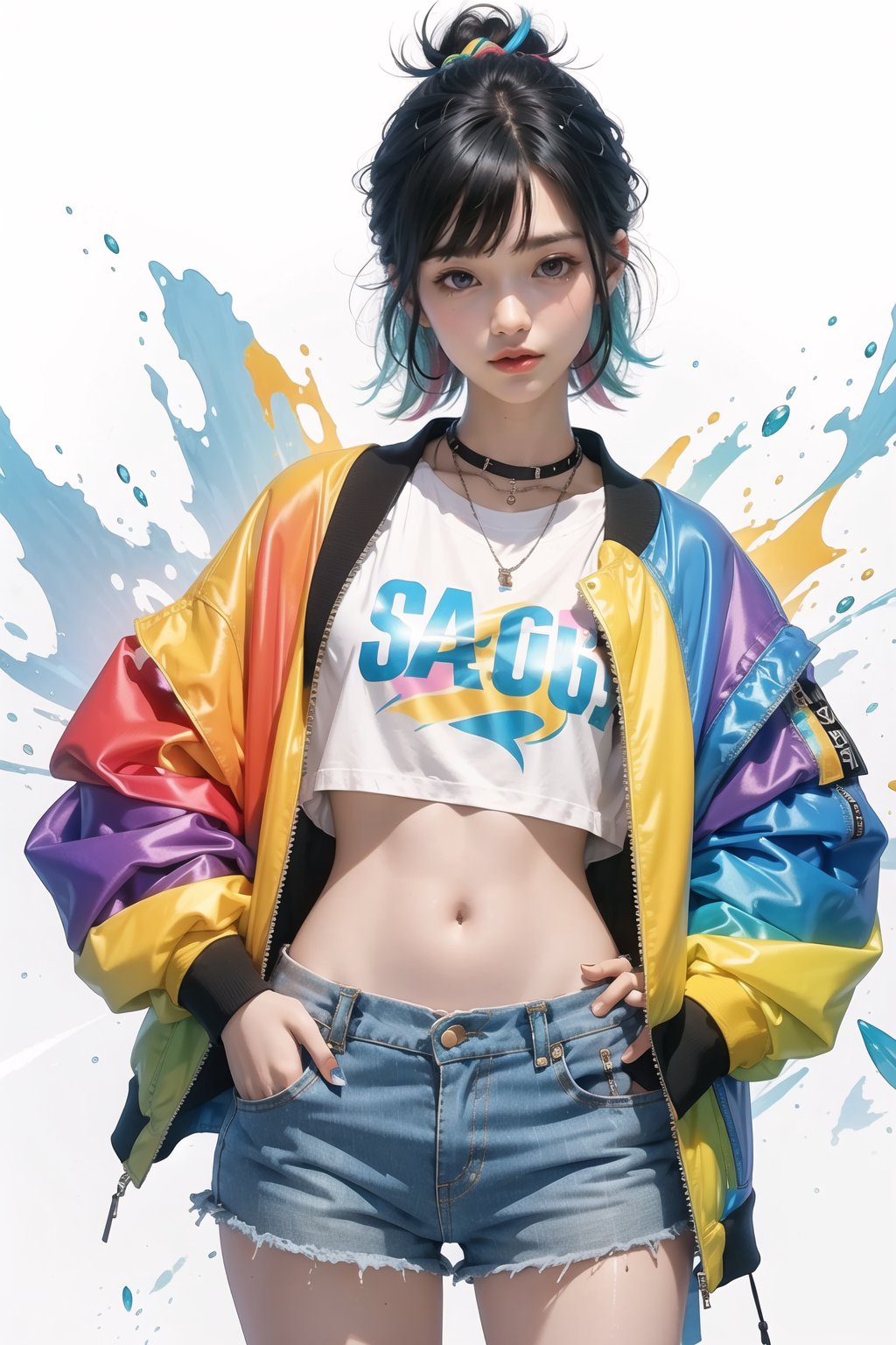 korea girl 22 year old, aqua sleek pixie shorts hair style, wearing oversize rainbow jacket bomber m1, shorts bluejeans, white sneaker, splash color