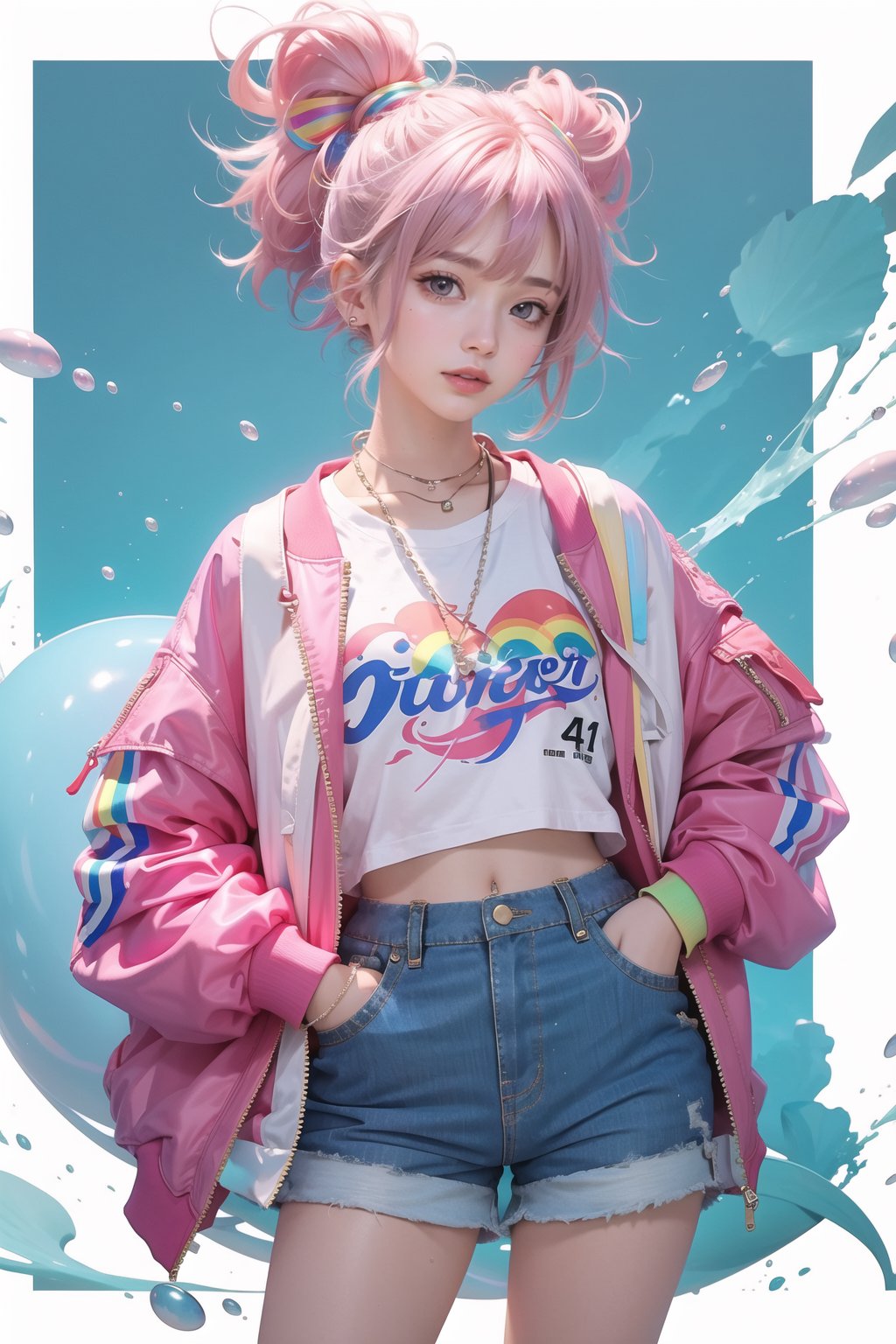 korea girl 22 year old, pink sleek pixie shorts hair style, wearing oversize rainbow jacket bomber m1, shorts bluejeans, white sneaker, splash color on background