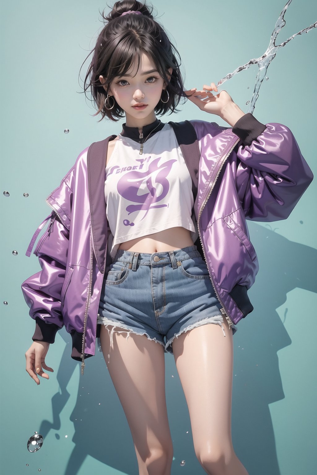 korea girl 22 year old, mauve light sleek pixie shorts hair style, wearing  mauve jacket bomber m1, shorts bluejeans, white sneaker, splash color