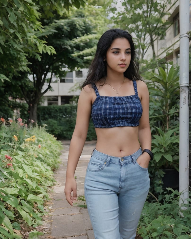 photo of extremely sexy ,A 22-year-old beautiful girl, walking into her college through garden area  in 10 am, wearing blue white cheque colour of solder crop top and denim shots, looking at viewer, shot black hair, realistic,  tits, clevagecutout, 