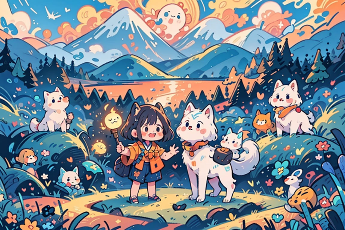 An enchanting scene of a bright sky transitioning from night to day, with the sun emerging as a beautiful aqua blue smoke. Lush forests, serene lakes, and majestic mountains create a stunning backdrop. A 3D animated Japanese mascot, a cute white wolf with orange stripes and intricate Celtic tattoos, sports a leather collar inscribed with the word "Button" in neon orange font. The wolf waves enthusiastically at a massive, Pixar-style black fire dragon, which playfully blows fire everywhere. The mascot wolf showcases a humorous expression, while the dragon's adorable appearance adds to the whimsical atmosphere. At the bottom of the image, a heartfelt message in neon blue font reads "thank you zaby1950!" as a tribute to the creator.