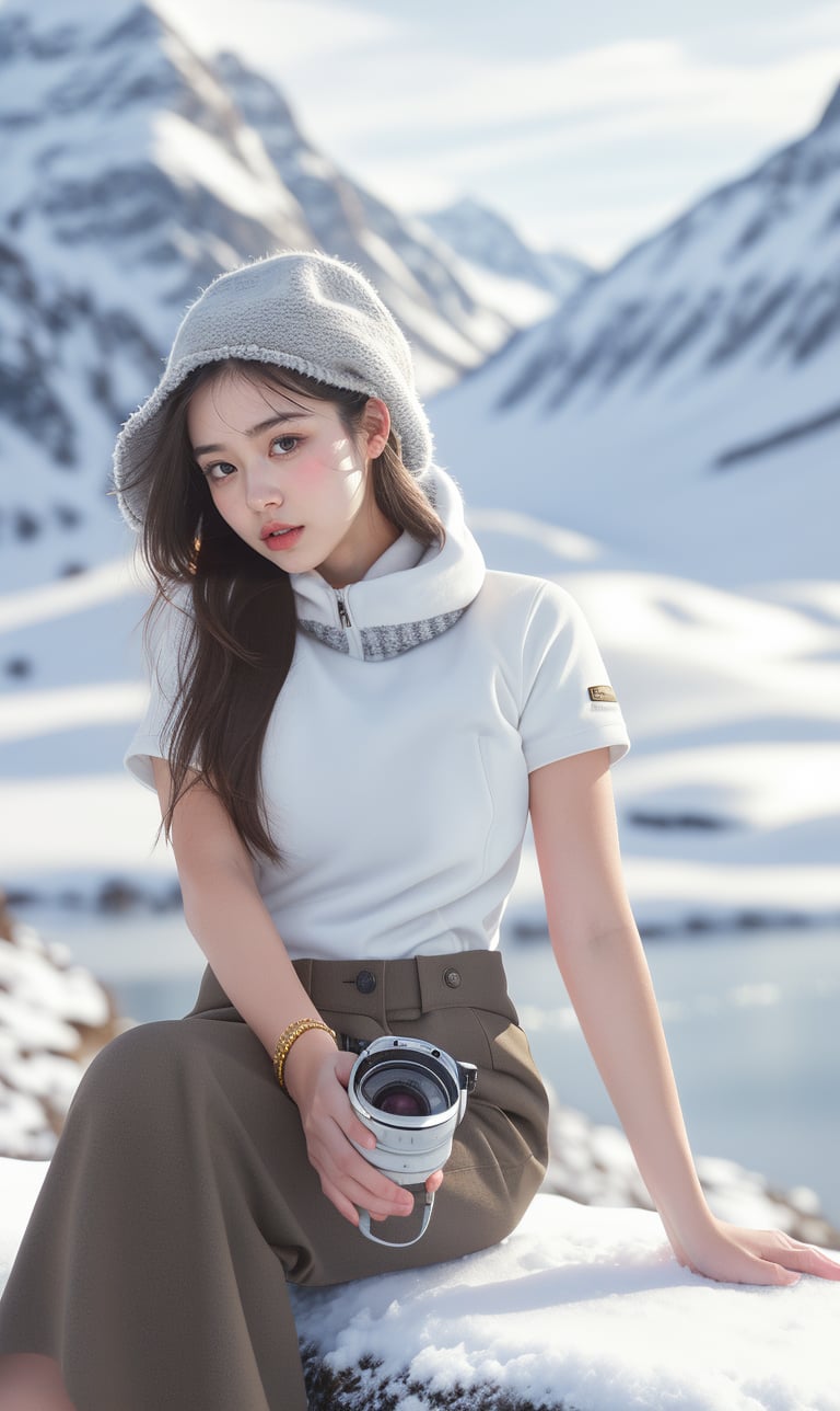 cute girl, winter jacket,wool hat, RAW photo, realistic, masterpiece, best quality, beautiful skin,
snowy mountains background, 50mm, close up shot, goyoonjung, outdoor, photography, Portrait