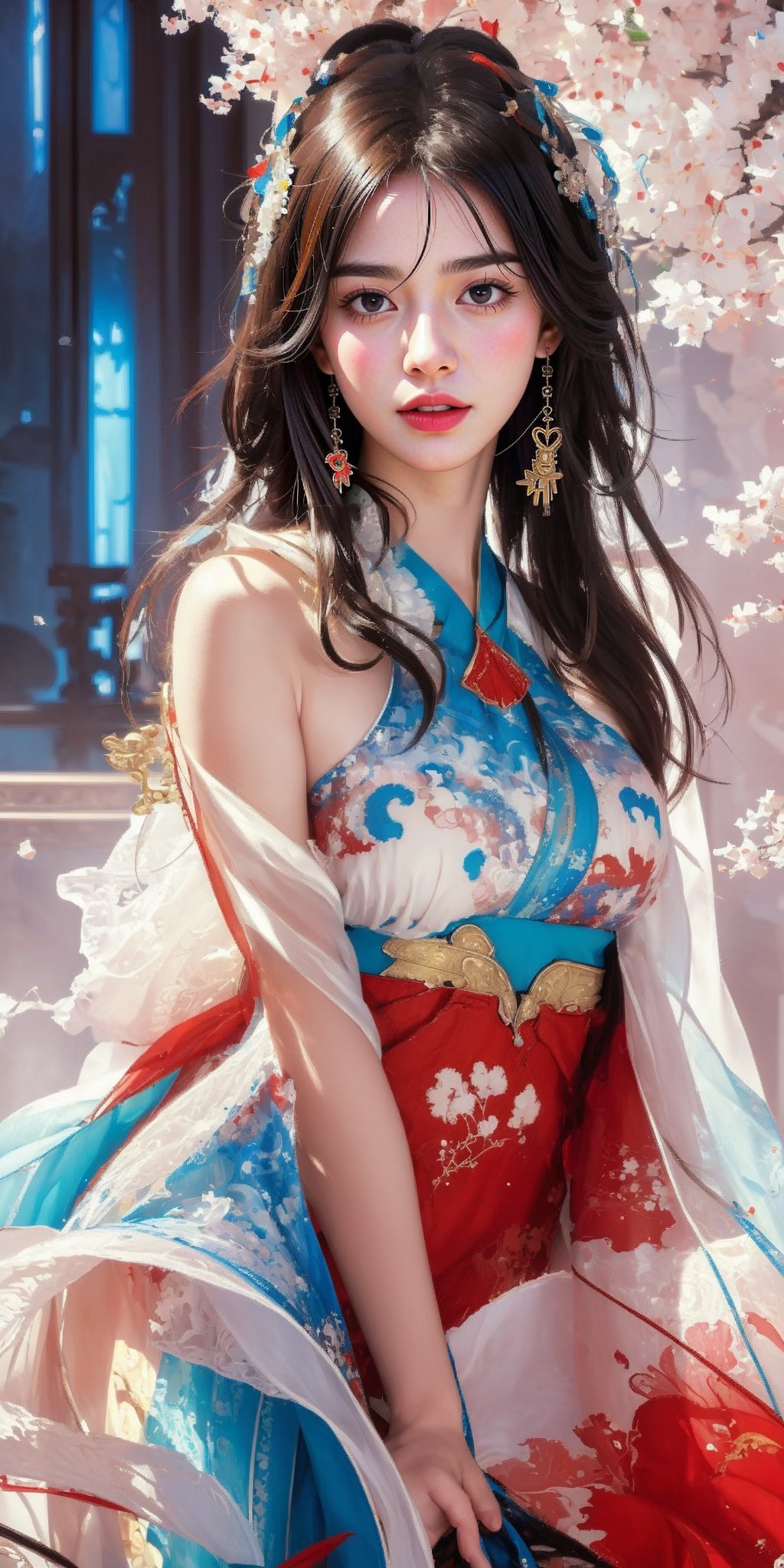 (masterpiece, top quality, best quality, official art, beautiful and aesthetic:1.2), (1girl), extreme detailed,(abstract, fractal art:1.3),highest detailed, detailed_eyes, light_particles, hanfu,jewelry, sexy, ,red,