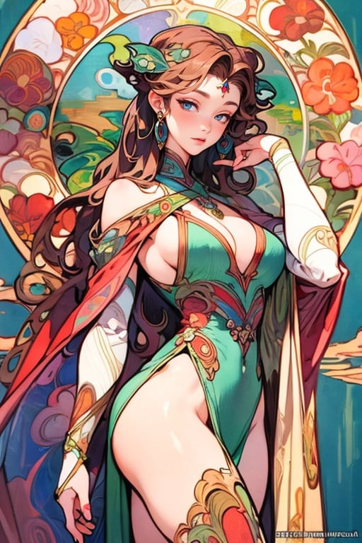 (mucha style), long hair , busty and sexy girl, 8k, masterpiece, ultra-realistic, best quality, high resolution, high definition, J ONI, MUGODDESS