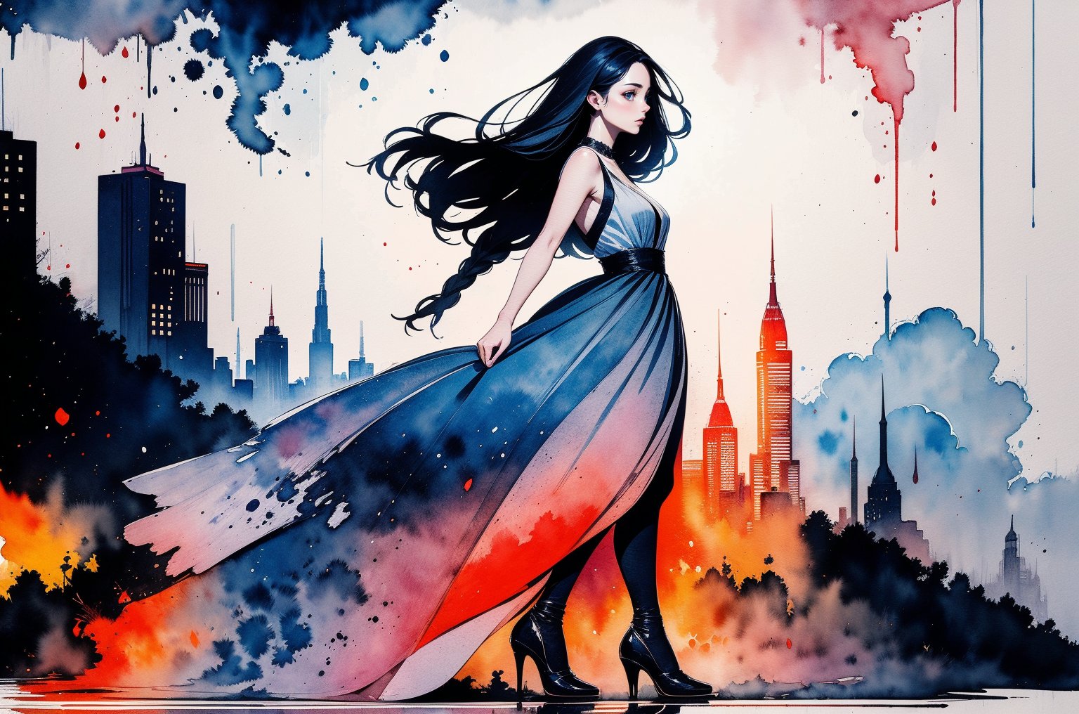 alone, 1 girl, rainy day, rain, Slightly flowing long hair, dress, standing, full body, female focus, outdoors, sky, kitten heel, cloud, from side, profile, cloudy sky, building, reflection, city, gradient color cloud, Watercolor, bokeh light dust, depth of field, Fashion, best quality, 8k, highres, masterpiece, perfect hands, perfect anatomy, The highest image quality, excellent detail, ultra-high resolution, best illustration, attention to detail, exquisite beautiful face, detailed hands, expressive eyes,tortinita fine,watercolor , Expressiveh,INK art, pastel punk,