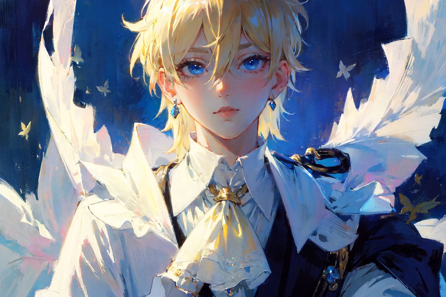 solo, looking at viewer, short hair, bangs, blue eyes, blonde hair, shirt, long sleeves, 1boy, hair between eyes, jewelry, white shirt, male focus, earrings, vest, sleeves past wrists, ascot, brooch, butterfly, white ascot,
//Quality, core_9, score_8_up, score_7_up, masterpiece, best quality, detailmaster2, 8k, 8k UHD, ultra detailed, ultra-high resolution, ultra-high definition,ayaka_genshin