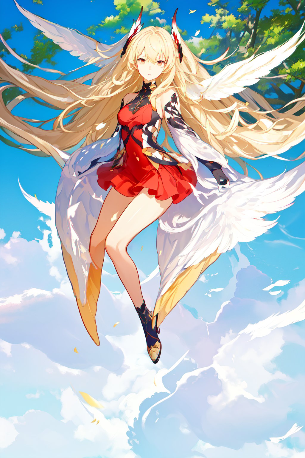(HAIR AS WING:1.4), (masterpiece:1.2), (best quality), 8K wallpaper, (highres), (ultra detailed:1.2), sharp lines,

(long hair:1.4), (hair like wings:1.3), (wings parallel to head:1.2), (flowing hair:1.1), (anime style:1.2),

(detailed hair:1.2), (hair texture:1.1), (hair highlights:1.1), (hair shadows:1.1), (hair color:1.1), (hair movement:1.1),

(solo:1.1), (full body:1.1), (female:1.1), (looking at viewer:1.1), (calm expression:1.1), (soft skin:1.1),

(forest background:1.1), (sunlight:1.1), (sunbeams:1.1), (leaves:1.1), (trees:1.1), (detailed background:1.1),