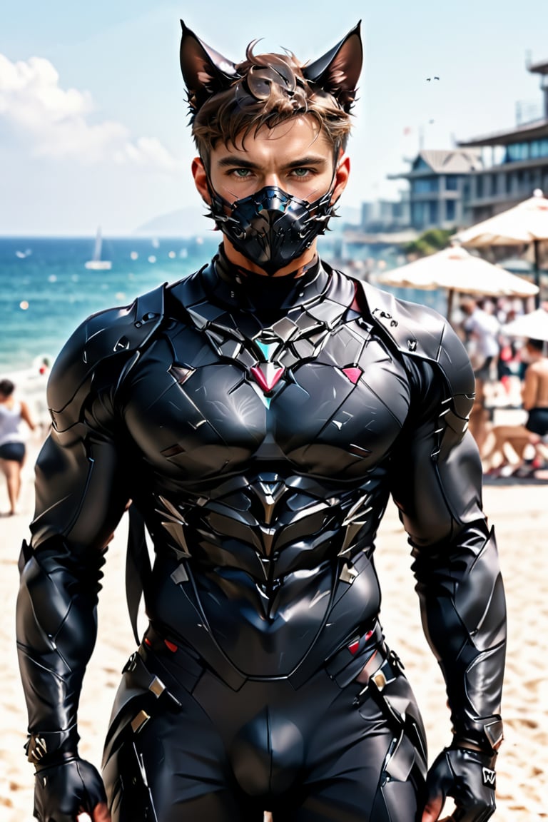 (1 masculine man, realistic, short hair, short stubble, fit body, cat whiskers style face mask, tech cat ears, dark tones, perfect face with covering mouth )
(upper body,  man focus, abs bodysuit),
(pleated skirt ),
( blurry background, beach ),
 standing, more detail XL, aeggernawt