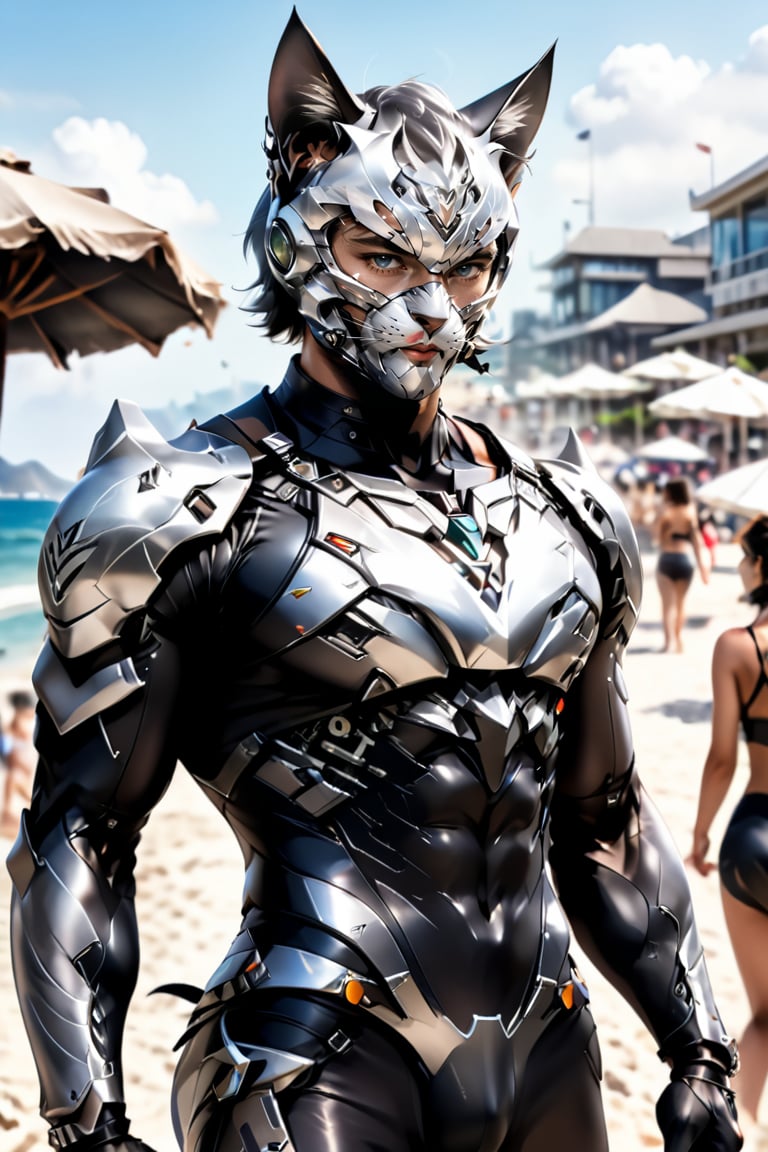 (1man, realistic, short hair, short stubble, fit body, silver cat face mask with big whiskers, tech cat ears, dark tones, perfect face )
(upper body,  man focus, abs bodysuit),
(translucent skirt ),
( blurry background, beach ),
 standing, more detail XL, aeggernawt