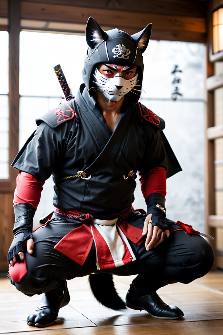 1 male model, rugged, low-key, masculine, fit, wearing an hat with silver tones, ninja, cat ear, cat whiskers mask, man's ear and mouse.
man focus, top part of a bodysuit,  japan style fundoshi, samurai kneeling, ninja tabi shoes.
blurry background, room, perfect hand, realistic, more detail XL,More Reasonable Details,Ninja,penisoveroneeye,perfecteyes
