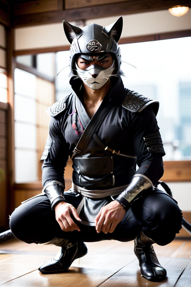 1 man, rugged, low-key, masculine, fit, wearing an hat with silver tones, ninja, cat ear, cat whiskers mask, man's ear and mouse.
in upper body, man focus, abs bodysuit, glass shiny style.
in lower body, japan style fundoshi , samurai kneeling, ninja tabi shoes.
blurry background, room, perfect hand, realistic, more detail XL,More Reasonable Details,Ninja,penisoveroneeye,perfecteyes