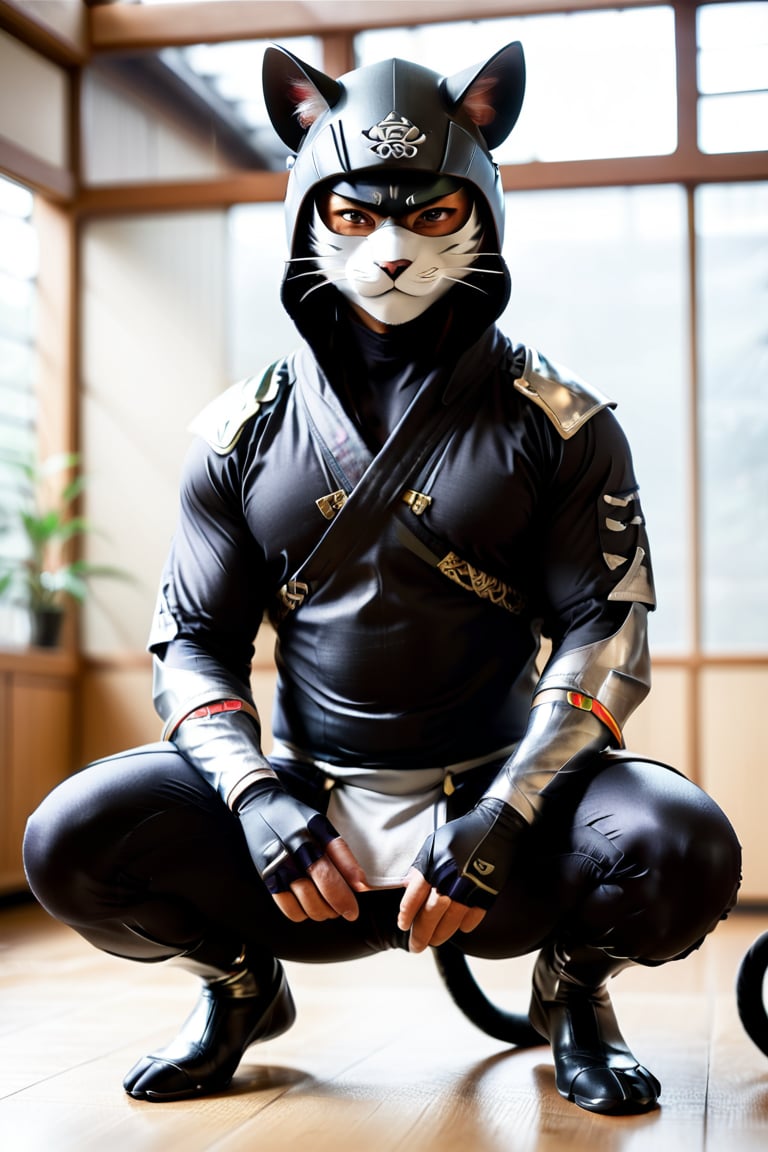 1 man, masculine, fit, wearing an hat with silver tones, ninja, cat ear, cat whiskers mask, man's ear and mouse.
in upper body, man focus, abs full bodysuit, glass shiny style.
in lower body, japan style fundoshi , kneeling in the traditional Japanese style, ninja tabi shoes.
blurry background, room, perfect hand, realistic, more detail XL,More Reasonable Details,Ninja,penisoveroneeye,perfecteyes