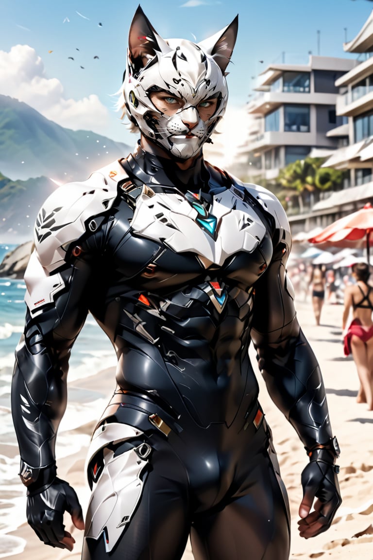 (1man, realistic, short hair, short stubble, fit body, white cat style face mask with big whiskers, tech cat ears, dark tones, perfect face )
(upper body,  man focus, abs bodysuit),
(lower body, translucent skirt ),
( blurry background, beach ),
 standing, more detail XL, aeggernawt