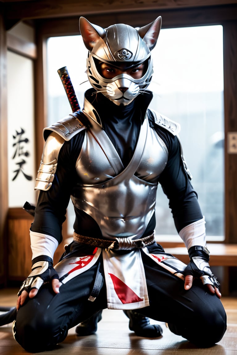 1 male model, rugged, low-key, masculine, fit, wearing an hat with silver tones, ninja, cat ear, cat whiskers mask, man's ear and mouse.
in upper body, man focus, abs bodysuit, glass shiny style.
in lower body, japan style fundoshi , samurai kneeling, ninja tabi shoes.
blurry background, room, perfect hand, realistic, more detail XL,More Reasonable Details,Ninja,penisoveroneeye,perfecteyes