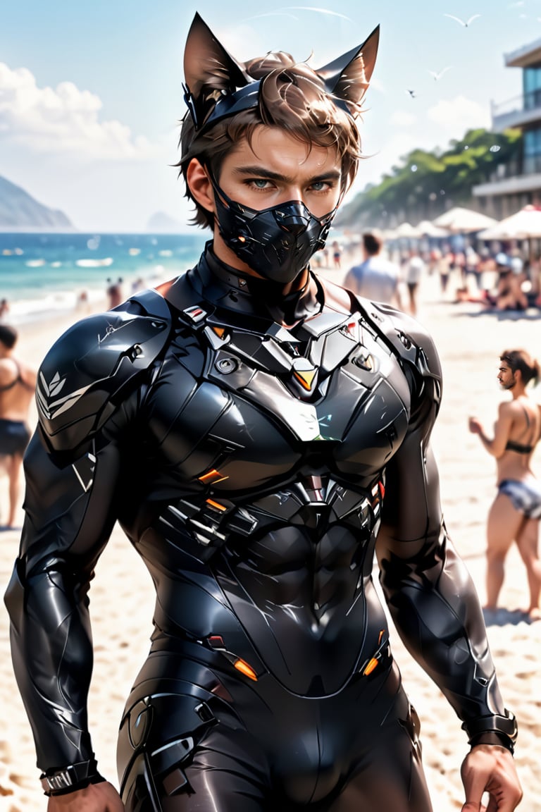 (1man, realistic, short hair, short stubble, fit body, cat whiskers style face mask, tech cat ears, dark tones, perfect face with covering mouth )
(upper body,  man focus, abs bodysuit),
(translucent skirt ),
( blurry background, beach ),
 standing, more detail XL, aeggernawt