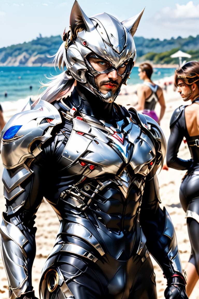 (1 masculine man, realistic, wearing a silver cat-shaped helmet, with only his eyes and part of his nose exposed)
(upper body,  man focus, abs bodysuit),
(lady pleated skirt ),
( blurry background, beach ),
 standing, more detail XL, aeggernawt