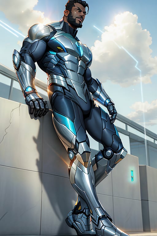 Full-body-shot of Davion standing strong, gazing upward into the distance ,He is 5'7", his dark-skin black-mailed face illuminated by warm sunlight. The futuristic superhero costume, crafted from carbon-fibers and reflective metals, hugs his physique, showcasing no sleeves and a bold design. The shoes, with gleaming, seamlessly connect to the uniform's legs. As he raises his eyes, a radiant glow emanates from his pupils, firing shafts of white laser light into the sky, as if harnessing celestial energy.