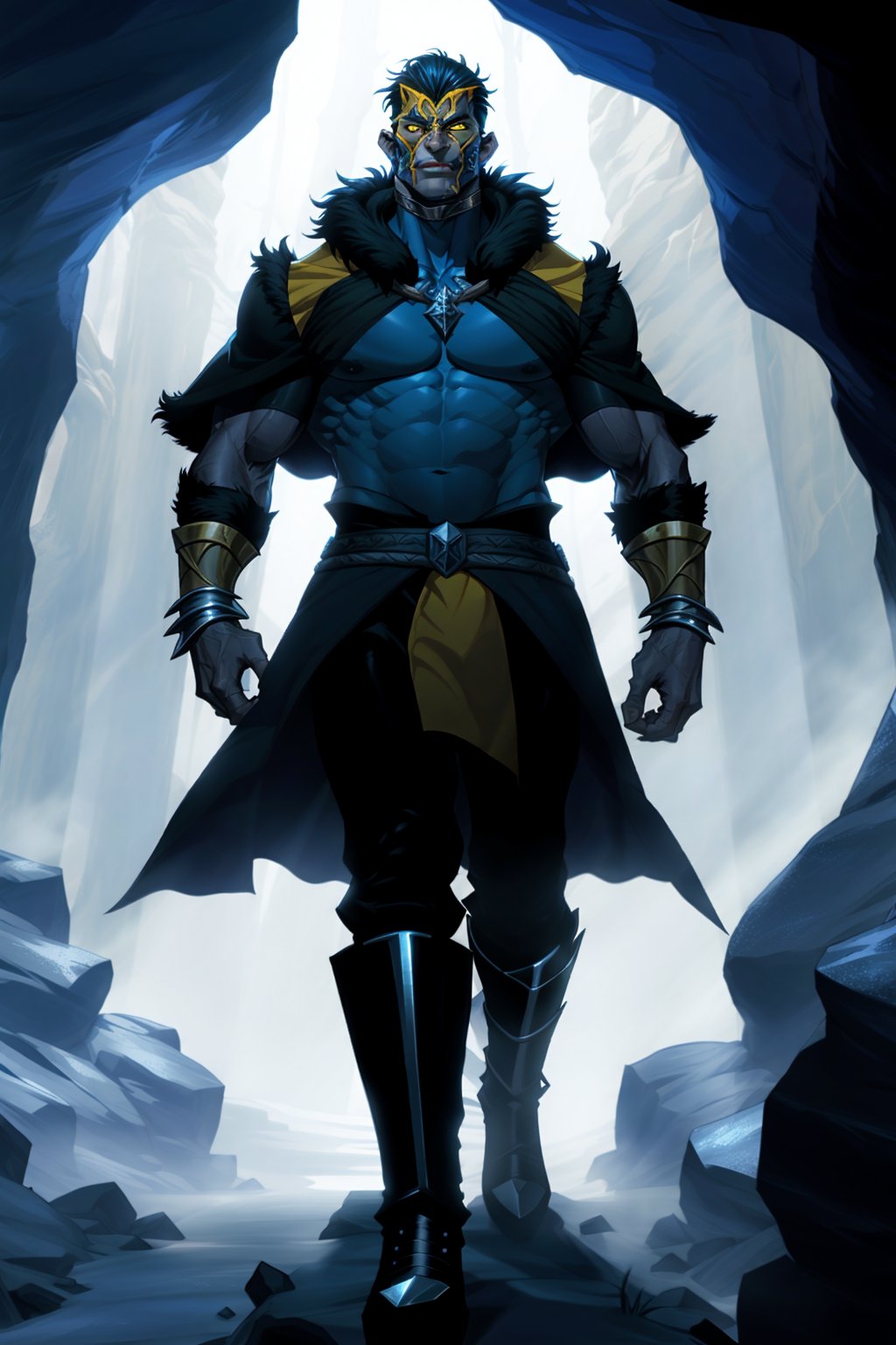 A powerful overlord emerges from the darkness of a cave, his strong physique and dark skin radiating an aura of authority. Poles of towering energy crackle around him as he walks into the light, his yellow furry cowl wrapped around his shoulders like a cloak of power. He wears white-powder chrome blue-black boots with black fur around the top and silver chrome arm bracelets, has fade close hair cut . The air is a blaze with anticipation as he, steps forth, ready to claim his dominance.