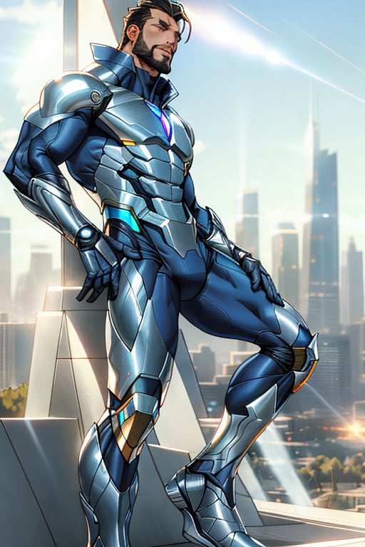 Full-body-shot of Davion standing strong, gazing upward into the distance ,He is 5'7", He has no hair on his face, illuminated by warm sunlight. The futuristic superhero costume, crafted from carbon-fibers and reflective metals, hugs his physique, showcasing no sleeves and a bold design. The shoes, with gleaming, seamlessly connect to the uniform's legs. As he raises his eyes, a radiant glow emanates from his pupils, firing shafts of white laser light into the sky, as if harnessing celestial energy.