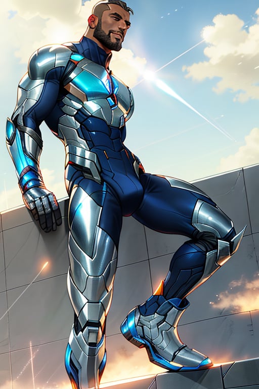 Full-body-shot of Davion standing strong, gazing upward into the distance ,He is 5'7", He has a clean shaved face clean shaved illuminated by warm sunlight. The futuristic superhero costume, crafted from carbon-fibers and reflective metals, hugs his physique, showcasing no sleeves and a bold design. The shoes, with gleaming, seamlessly connect to the uniform's legs. As he raises his eyes, a radiant glow emanates from his pupils, firing shafts of white laser light into the sky, as if harnessing celestial energy.