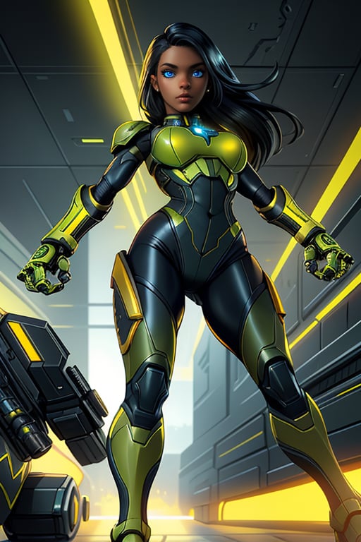 dark-skinned female,Crazy face full_body shot of Mae Leigh with beautiful glowing green eyes, Jet black hair with brown high-lites, smooth black female brown skin, slim_fit nice sexy body, wearing green and black sleek fitting mech style battle suit with yellow Tron syle light corsing trough out the gear, running into the frey, high_tech gloves on shows her fingers