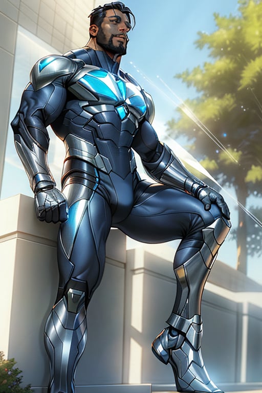 Full-body-shot of Davion standing strong, gazing upward into the distance ,He is 5'7", his dark-skin black-mailed face illuminated by warm sunlight. The futuristic superhero costume, crafted from carbon-fibers and reflective metals, hugs his physique, showcasing no sleeves and a bold design. The shoes, with gleaming, seamlessly connect to the uniform's legs. As he raises his eyes, a radiant glow emanates from his pupils, firing shafts of white laser light into the sky, as if harnessing celestial energy.