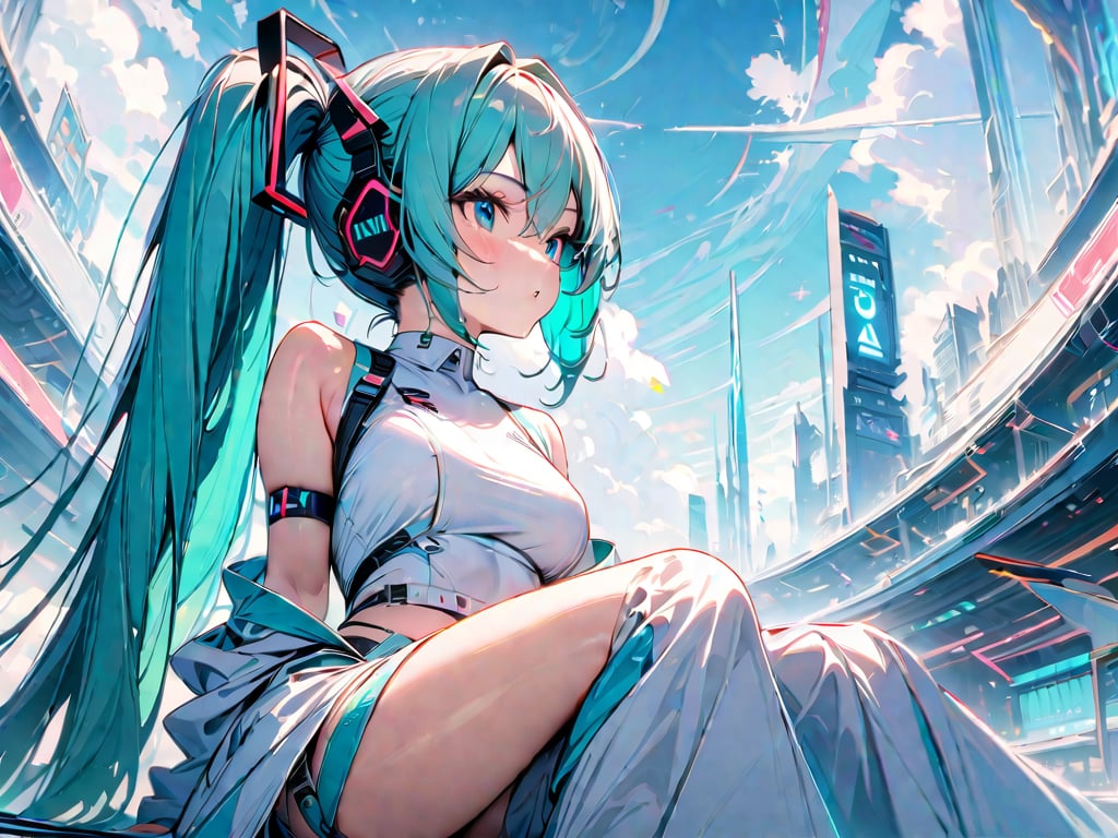 (masterpiece:1.5),high quality,beautiful,fine design,8K,Hatsune Miku,with a futuristic style,fantastic,clear air