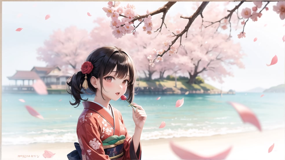 masterpiece,detail,blank background,high quality,8k,an Asian girl with black hair, wearing a red kimono,gorgeous,eat candy,with cherry blossom petal in the air