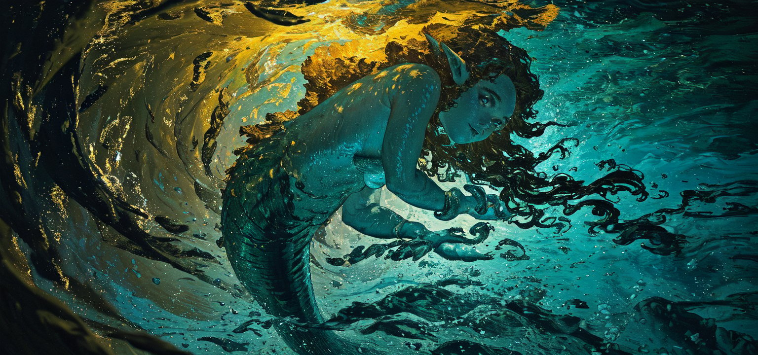 (In the deep sea, a mysterious and beautiful mermaid is captured on camera. Her bioluminescent blue tail shimmers faintly as she hides behind a giant coral reef, revealing only half of her expressionless face. She possesses unparalleled beauty, with delicate and innocent features, and pointed ears. The background is an underwater landscape filled with natural caverns, bizarre fish, and glowing schools of fish illuminating the surroundings.)
oil painting. The palette features rich, deep earthy tones of blues, browns, ochres, yellows, and greens, with bold and visible impasto brushstrokes adding texture to the scene.
high quality, trending on art station, sharp focus, studio photo, intricate details, highly detailed, by CG society, Detailed Textures, high quality, high resolution, high accuracy, realism, color correction, Proper lighting settings, harmonious composition, Behance works,1 girl, detailed, fancy light, glowing forehead, Light particles and spark, fantasy,  diving_the_water_background, water astrology style.,post-Impressionist