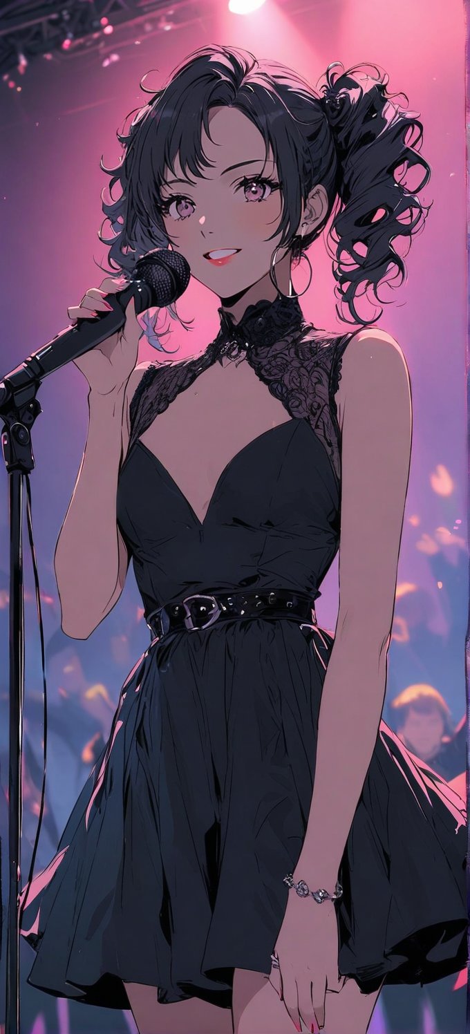 Referencing the Japanese anime "NANA". The artstyle of Japanese female manga artist Ai Yazawa. (A beautiful lead singer, based on the striking appearance of the main character Nana.) A stylish rock band with a stunning and dazzling female lead singer passionately singing into a stand microphone. She is sweating and smiling radiantly, with dramatic makeup including eyeliner, eyeshadow, and long, captivating eyelashes. Her pose exudes charm, and she wears a fashionable rock-inspired dress, embodying the energy and allure of a charismatic rock star. performs confidently with bold makeup and fashionable retro attire(1980). blending vibrant colors, intricate details. energetic and nostalgic atmosphere of the performance. (Focus on the headliner, blur the crowd and band) Beautiful features, fine details, excellent composition, atmosphere, masterpiece, (anime NANA 2006), Anime, VISUAL ROCK, Rebellious, uninhibited, romantic, more detail XL,LowKeyLights