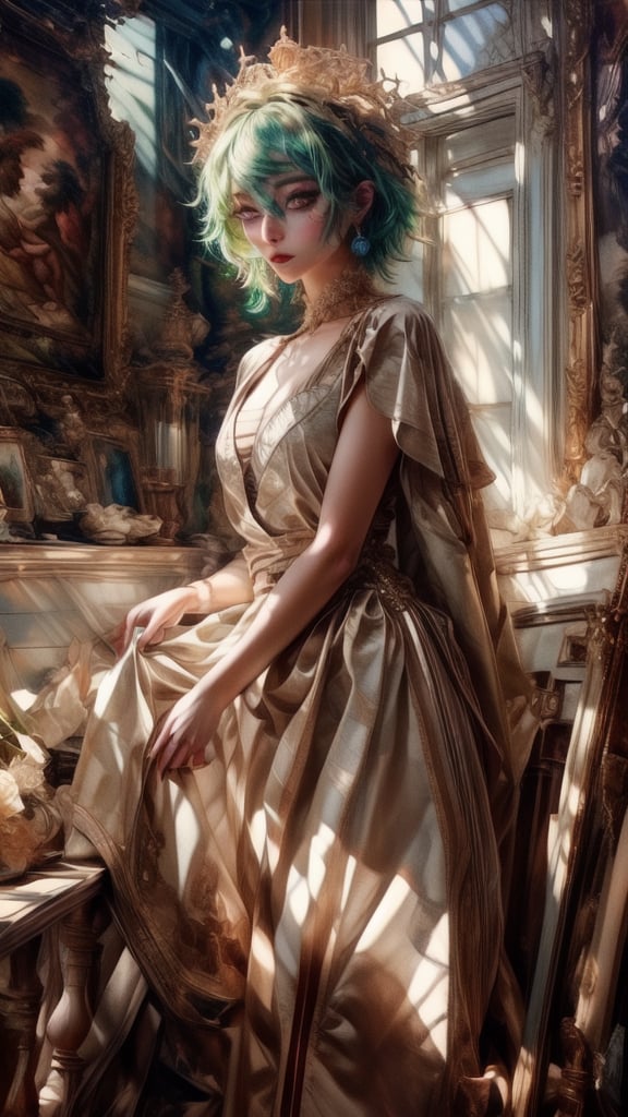 Create a softened depiction of a girl with light green hair. Apply a moderate amount of makeup, featuring subtle orange tones on the cheeks, natural-looking eyebrows, and a gentle downward gaze. Keep the overall makeup light, with a touch of foundation for a soft and natural appearance. The lips can be painted in a gentle, neutral tone, while the eyes receive a light touch of eyeshadow and eyeliner for a more subdued effect. Strive for a sweet and approachable look, with a milder and more charming touch.
