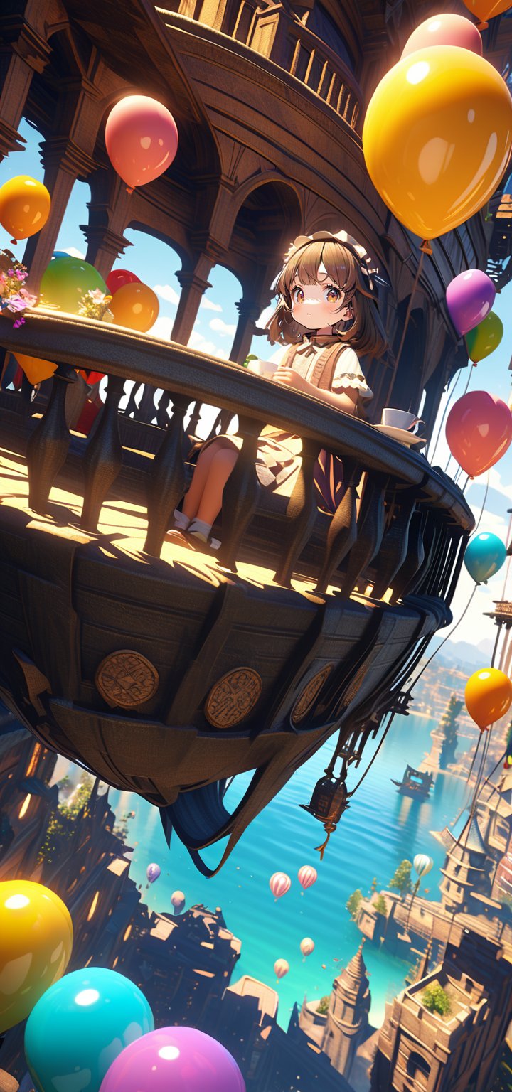 Fantasy artwork, wide-angle bird's-eye view of a small, round, and cute balloon airship hovering just above the sea. The airship features a magical flower-filled balcony with an adorable pilot girl hosting a tea party. She holds a teacup and looks at the viewer; opposite her sits a rabbit gentleman with his back to the scene. Colorful small balloons are tied to the airship. The sea below is an obvious, light blue with visible fish swimming. The water's surface reflects light beautifully. The scene is inspired by Ghibli fantasy but rendered in a more realistic, 3D cartoon style.