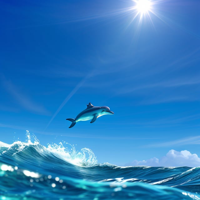 A dynamic shot capturing a playful dolphin mid-air, leaping gracefully from crystal clear ocean waves, with sunlight glinting off the water's surface, highlighting the dolphin's sleek form against a vibrant blue sky.