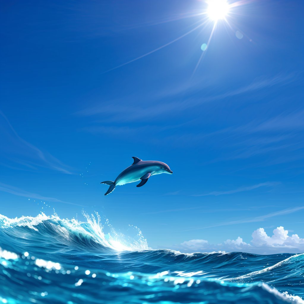 A dynamic shot capturing a playful dolphin mid-air, leaping gracefully from crystal clear ocean waves, with sunlight glinting off the water's surface, highlighting the dolphin's sleek form against a vibrant blue sky.