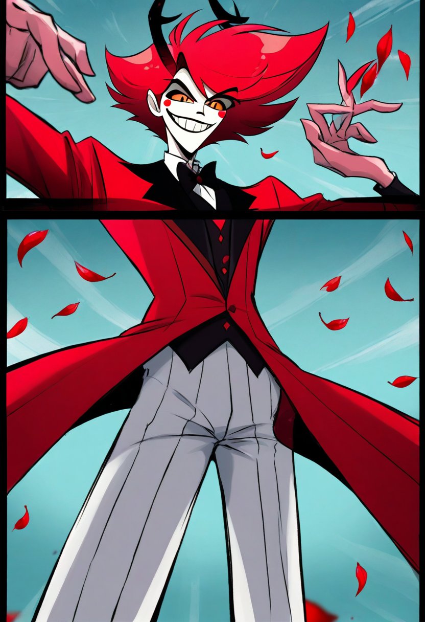 (w-Panel Comic)(Part 1 above, Part 2 below) .Hazbin Hotel. （Alastor）:A mysterious man dressed in all red. He is characterized by his red-based color scheme, including red hair, red eyes, and a red suit. He is a deer demon. He is always smiling, which leaves an impression.