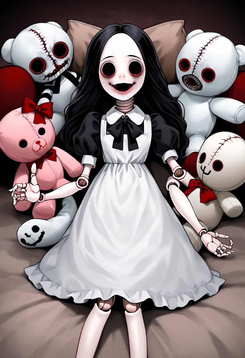 A ball-jointed doll wearing a The Addams Family-style rococo dress, the doll has complex joints, (((Horror themed stuffed animals)))kidnapped by vampire.,nagisa,1ghost