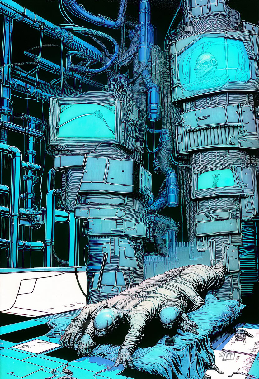 score_9, source_anime, (w-panel manga) Tortured by MOEBIUS (cyberpunk), Art Station, Bande Dessinée story transcription, full color, Imprisoned by Marvel Comics.