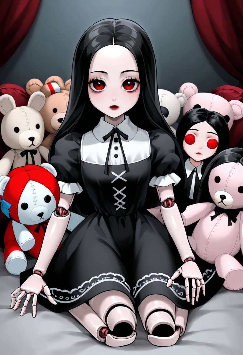 A ball-jointed doll wearing a The Addams Family-style rococo dress, the doll has complex joints,  (((Stuffed Animals.))) kidnapped by vampire.