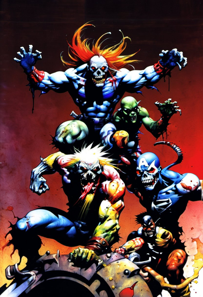 score_9, source_anime, (Part 1 above, Part 2 below) BOOK OF THE SIMON BISLEY, art station, BANDE DESSINÉE story transcription, full color. (Marvel Zombies)