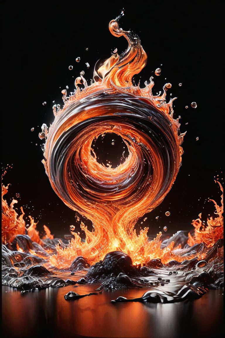 A fiery moon burning in the night sky with liquid fire on its surface. The shot is captured from a low angle, giving a view from the ground. Reminiscent of Rhad's art. The muted orange monochrome adds a minimalist touch, while curvy shapes move rhythmically, showcasing volume and fluid dynamics. This figure traverses an empty, uninterrupted expanse, a backgroundless atmosphere that's enveloped by swirling, translucent lava splashes. The whimsical orage and red hues create a warm atmosphere, contrasting with abstract black background. Intricate acrylic and grunge textures add to the intricate complexity, all rendered with Unreal Engine for a photorealistic effect., (Detailed Textures, high quality, high resolution, high Accuracy, realism, color correction, Proper lighting settings, harmonious composition, Behance works),watce