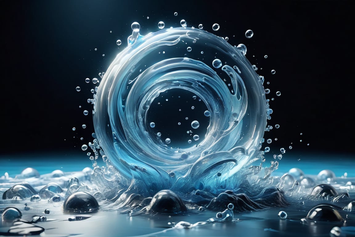 A pale and translucent circle made of water is captured from a low angle, giving a close-up view from the ground , reminiscent of Rhad's art, The muted blue monochrome adds a minimalist touch, while curvy shapes move rhythmically, showcasing volume and fluid dynamics. empty, uninterrupted expanse, a backgroundless atmosphere that's enveloped by swirling, translucent liquid splashes, The whimsical white and blue hues create a neon atmosphere, contrasting with abstract black background. Intricate acrylic and grunge textures add to the intricate complexity, all rendered with Unreal Engine for a photorealistic effect., (Detailed Textures, high quality, high resolution, high Accuracy, realism, color correction, Proper lighting settings, harmonious composition, Behance works),watce