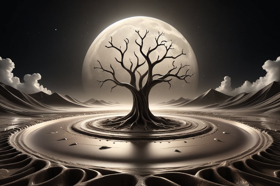 A single dead tree with dark liquid mud flying around in the night sky. The shot is captured from a low angle, giving a view from the ground. Reminiscent of Rhad's art. The translucent brown monochrome adds a minimalist touch, while curvy shapes move rhythmically, showcasing volume and whooshing dynamics. This figure traverses an empty, uninterrupted expanse, a backgroundless atmosphere that's enveloped by swirls of mud. The whimsical brown and gray hues create a natural atmosphere, contrasting with abstract black background. Intricate acrylic and grunge textures add to the intricate complexity, all rendered with Unreal Engine for a photorealistic effect., (Detailed Textures, high quality, high resolution, high Accuracy, realism, color correction, Proper lighting settings, harmonious composition, Behance works),watce