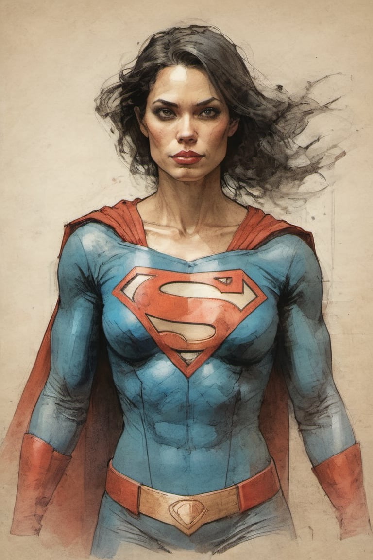 Superwoman suit DC character design colorful art by Jeremy Mann and Carne Griffith,on parchment,ink illustration