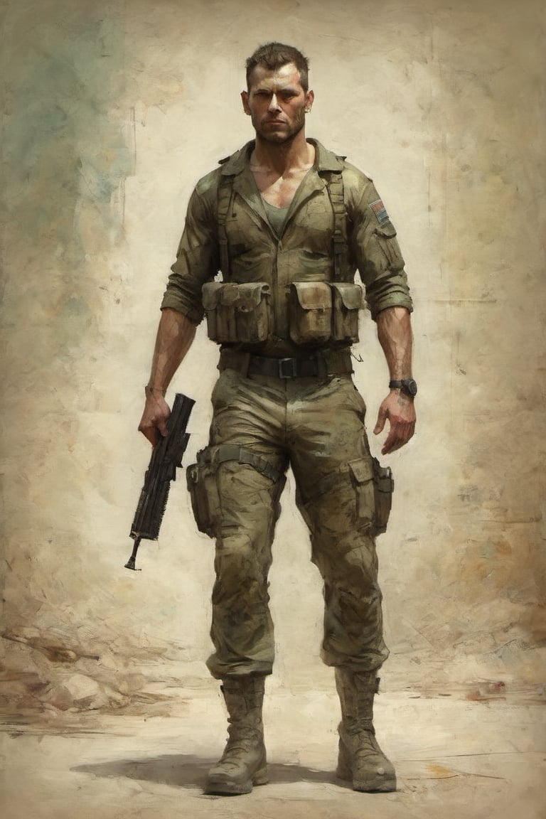 a commando man. wear commando clothes. colorful art by Jeremy Mann and Carne Griffith,on parchment,digital painting.