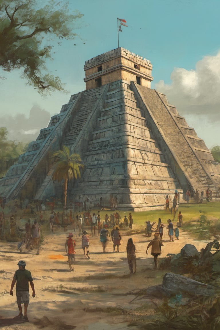 by Alejandro Burdisio "Chichen Itza" in mediterranean biome Cel Shaded Art 2D flat color toon shading cel shaded style  neo-expressionism,oil painting