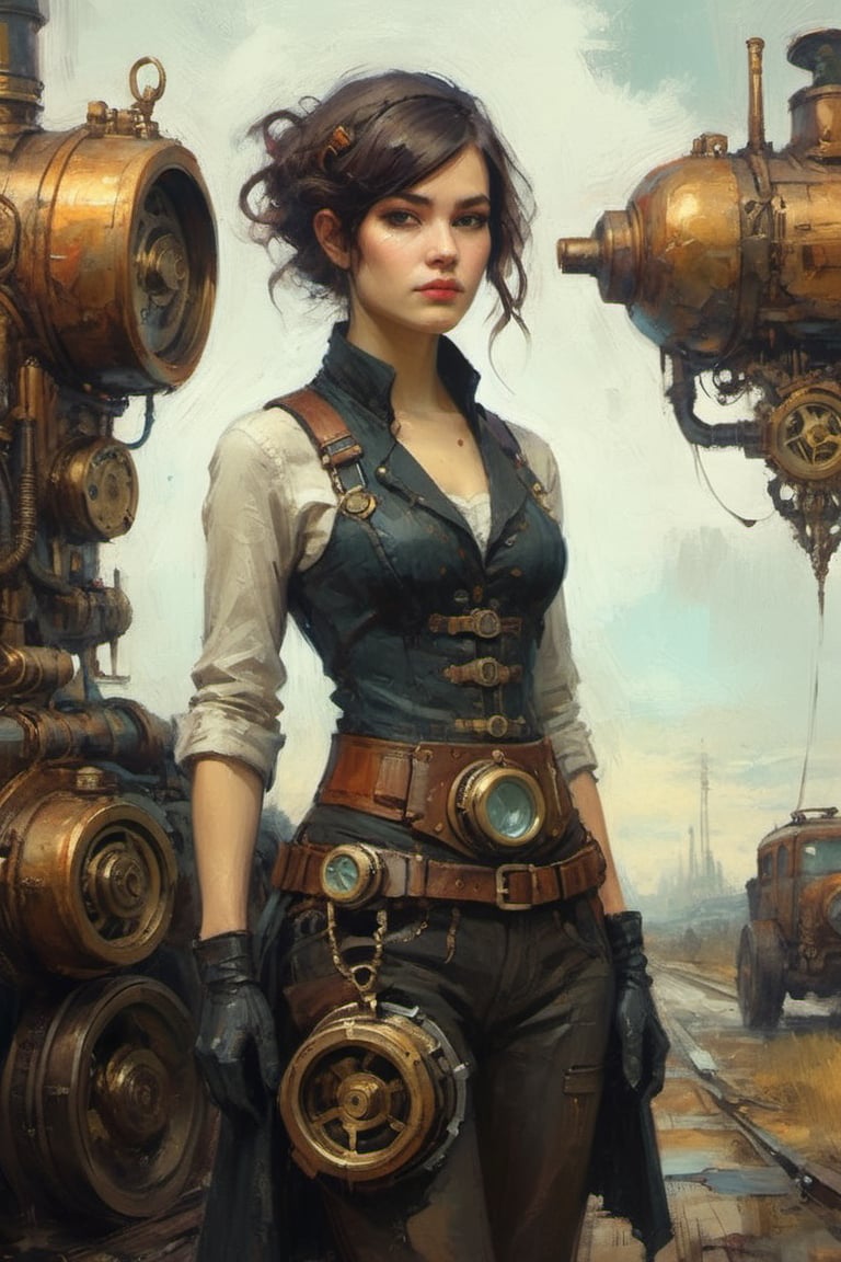 retro future 1920 steampunk english girl mechanical engine waist belt. retro clothes by Ismail Inceoglu and Jeremy Mann,oil painting,more detail XL